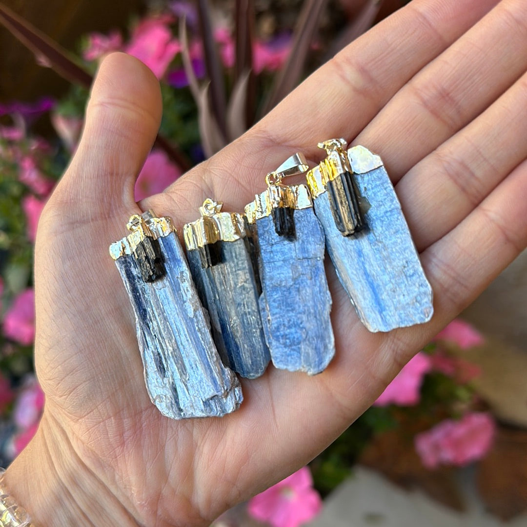 Kyanite Pendant with Black Tourmaline Point (Silver Plated)