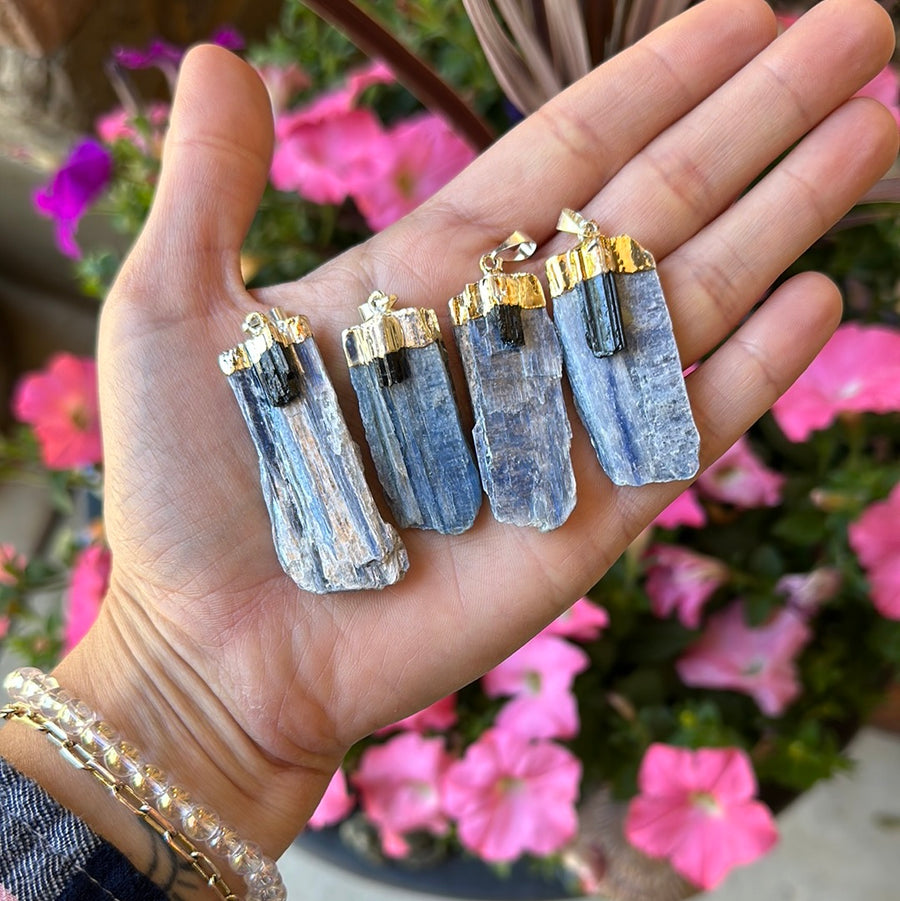 Kyanite Pendant with Black Tourmaline Point (Silver Plated)