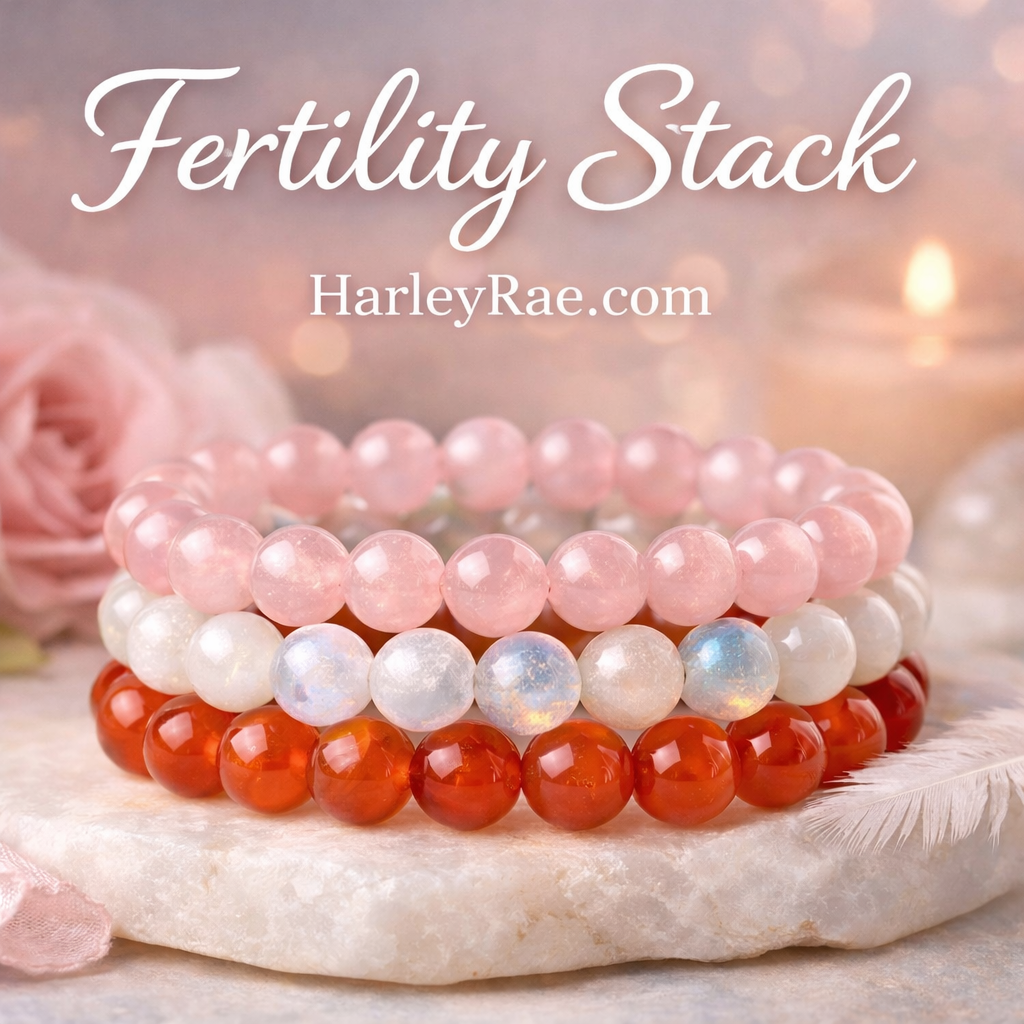 Stack of beaded bracelets with 'Fertility Stack' text and HarleyRae.com branding.