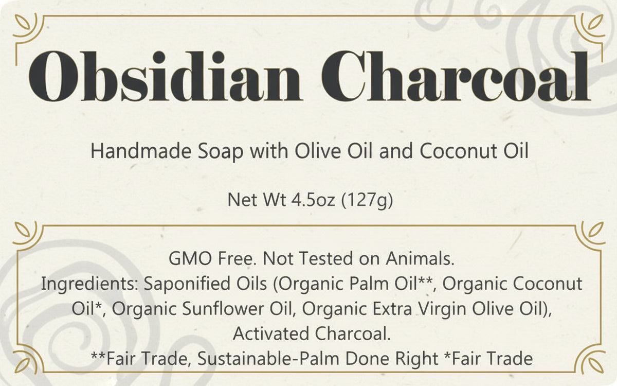 Label for Obsidian Charcoal handmade soap with olive oil and coconut oil, featuring ingredients and product details.