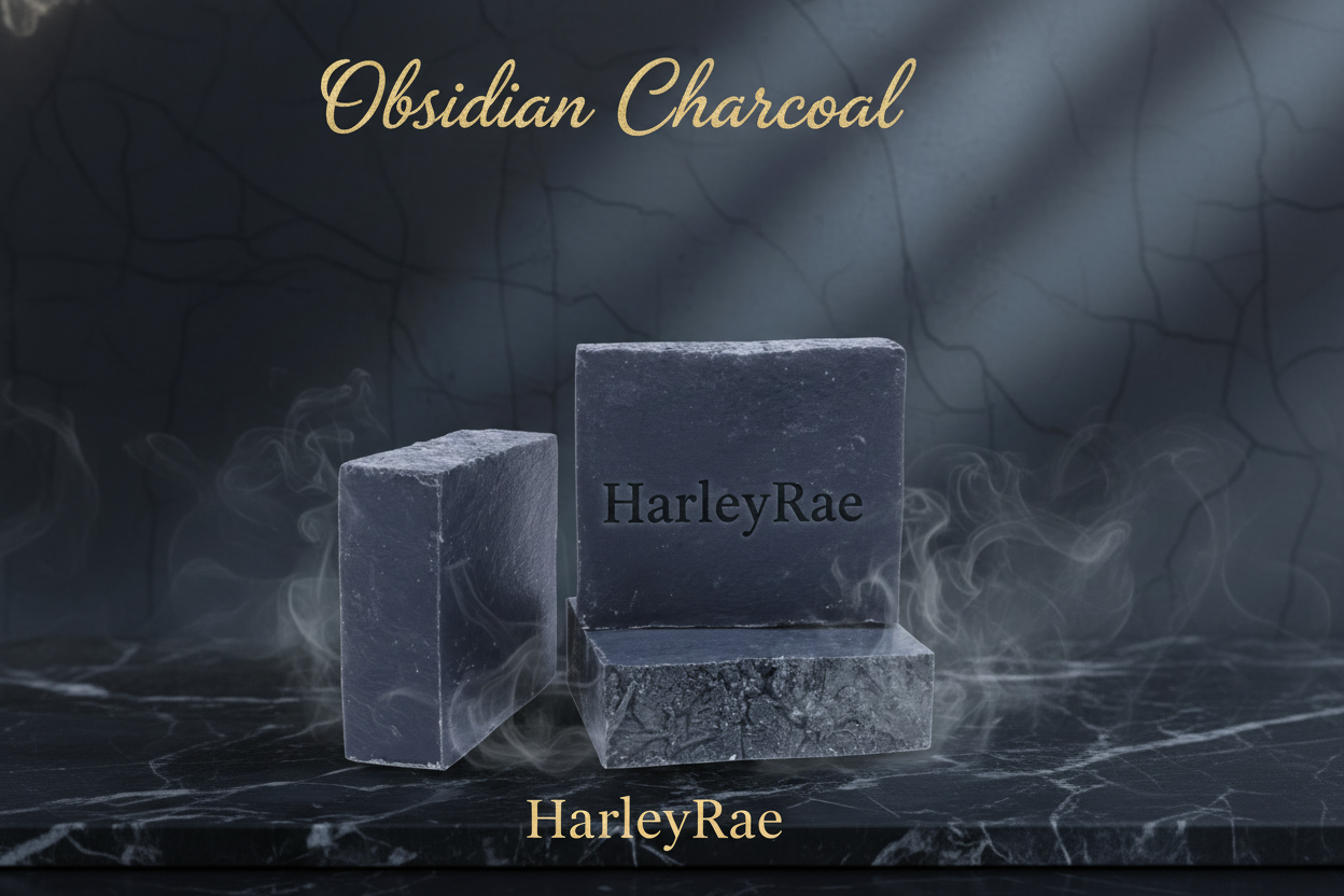 Two blocks of Obsidian Charcoal soap on a dark marble surface with 'HarleyRae' branding.