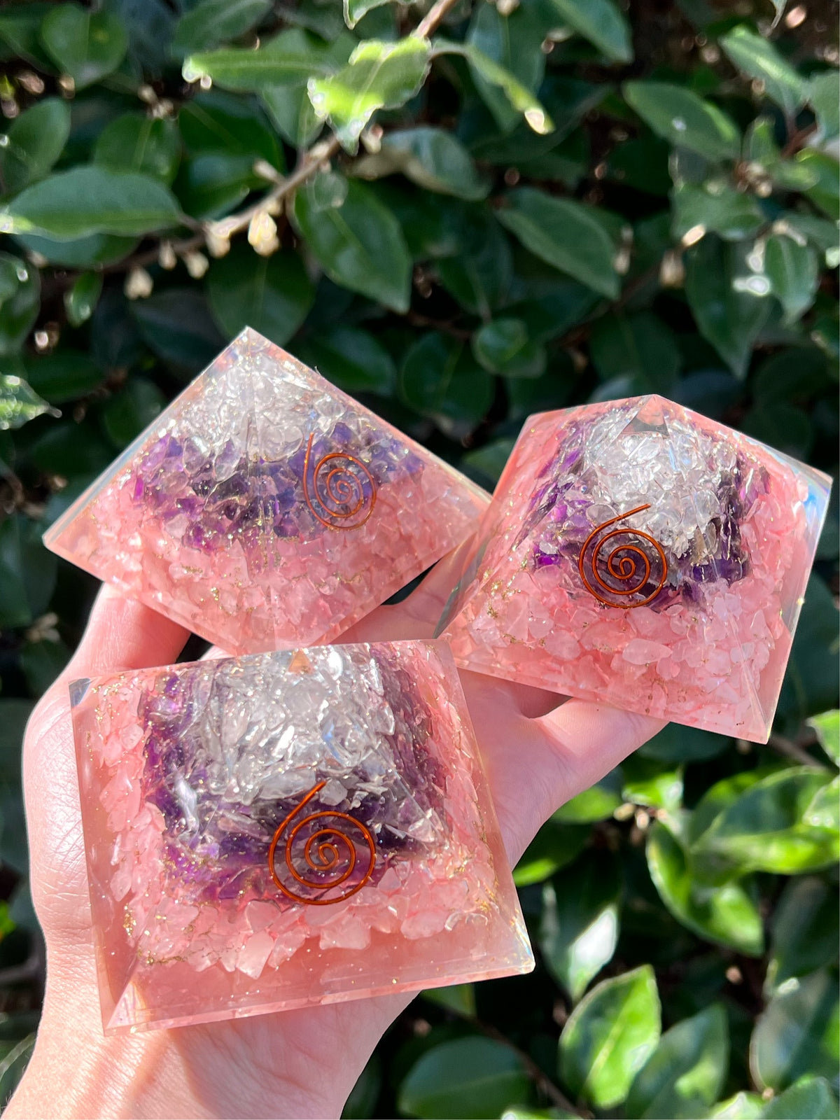 CLEAR QUARTZ, AMETHYST, ROSE QUARTZ ORGONITE PYRAMID
