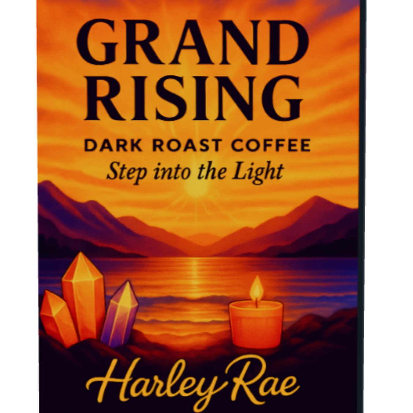 A box of Grand Rising Dark Roast Coffee by Harley Rae, featuring a sunset landscape illustration with mountains, a lake, crystals, and a candle on the front.