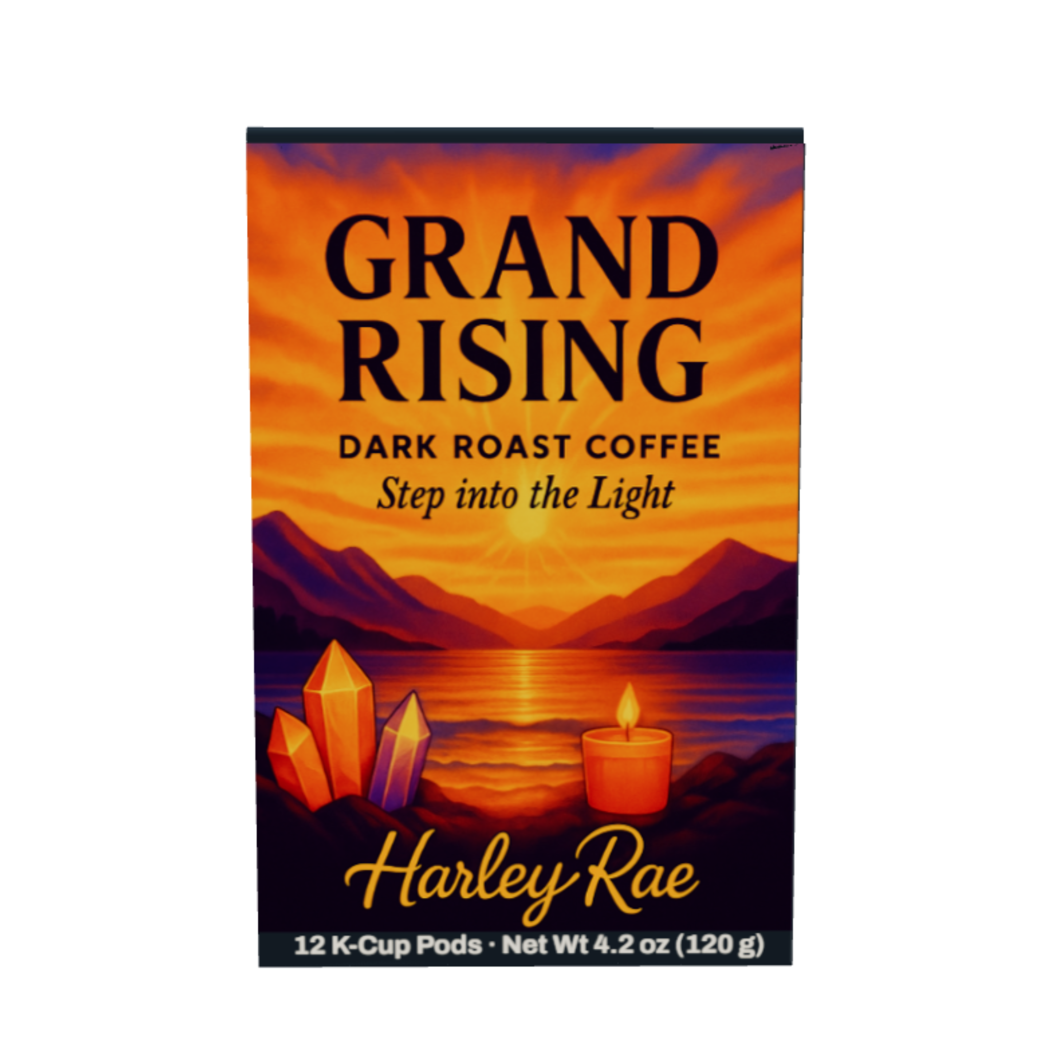 A box of Harley Rae Grand Rising dark roast coffee pods, featuring a sunset landscape with mountains, a lake, crystals, and a candle on the front.