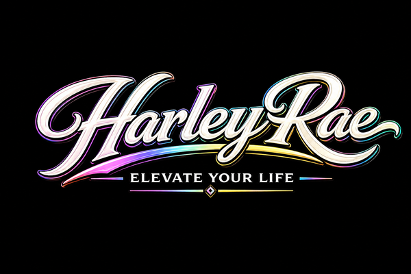  Harley Rae in large white script with a rainbow glow, and smaller text below that says 'ELEVATE YOUR LIFE' with a small diamond icon.