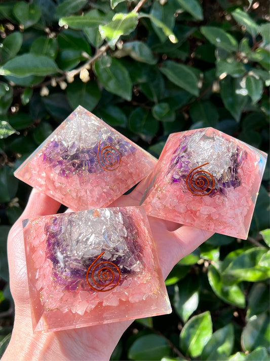 CLEAR QUARTZ, AMETHYST, ROSE QUARTZ ORGONITE PYRAMID