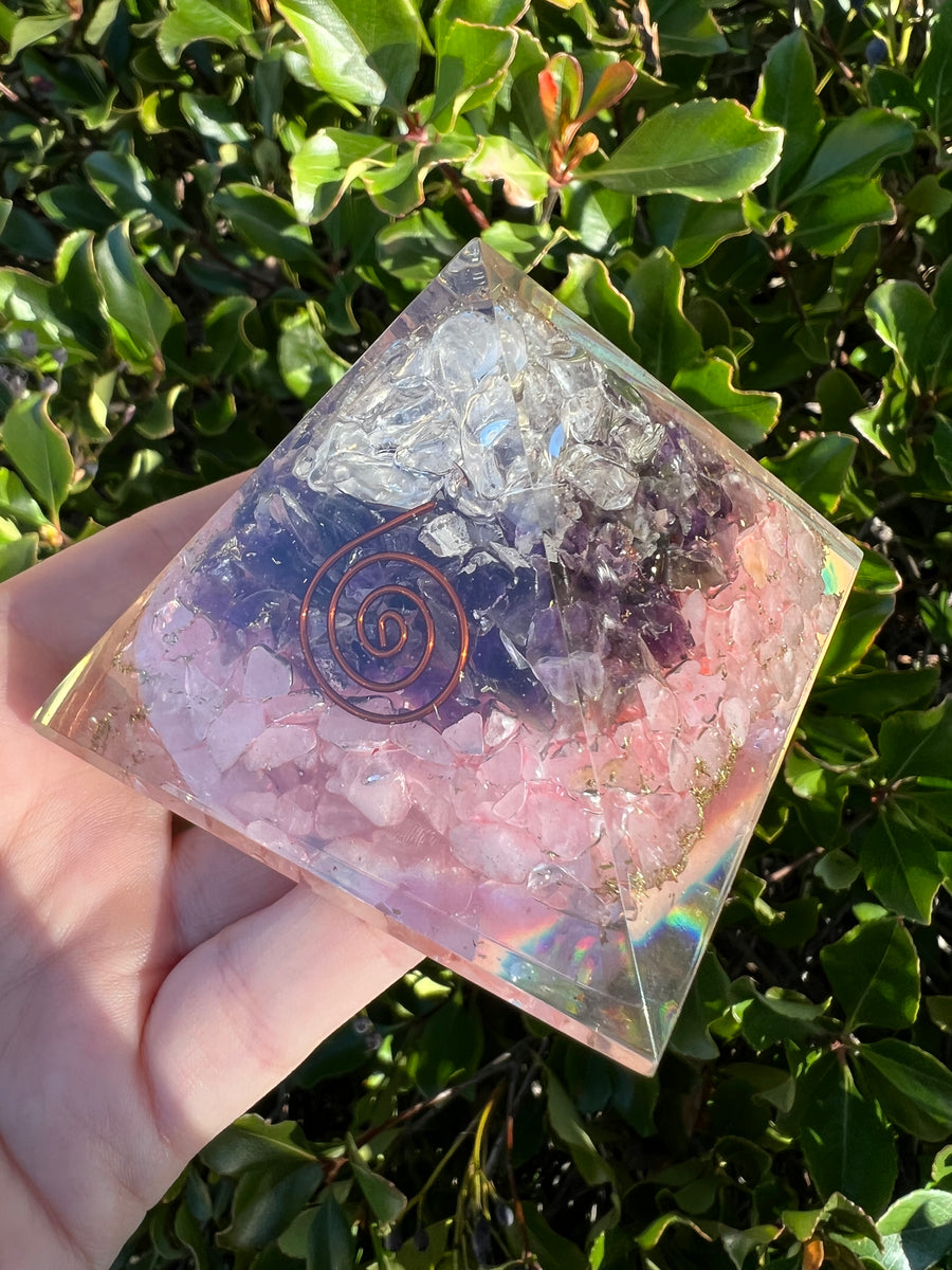 Clear Quartz, Amethyst & Rose Quartz Orgonite Pyramid