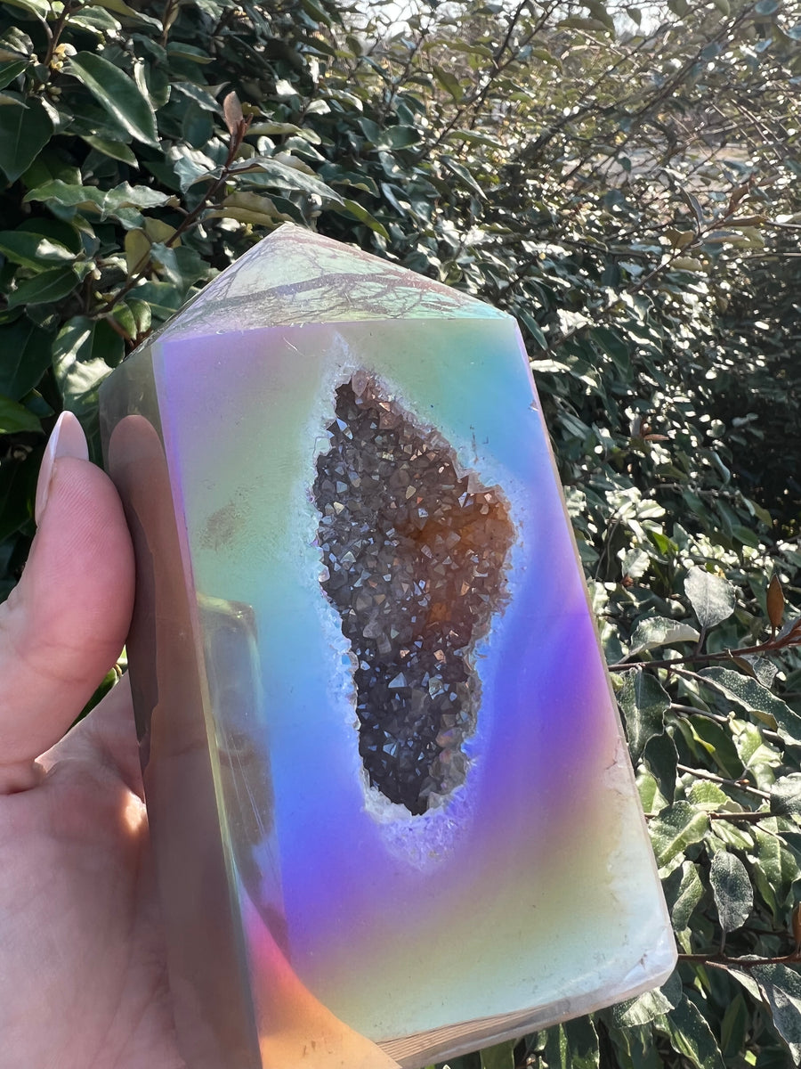 Titanium Rainbow Aura Agate Druzy Tower